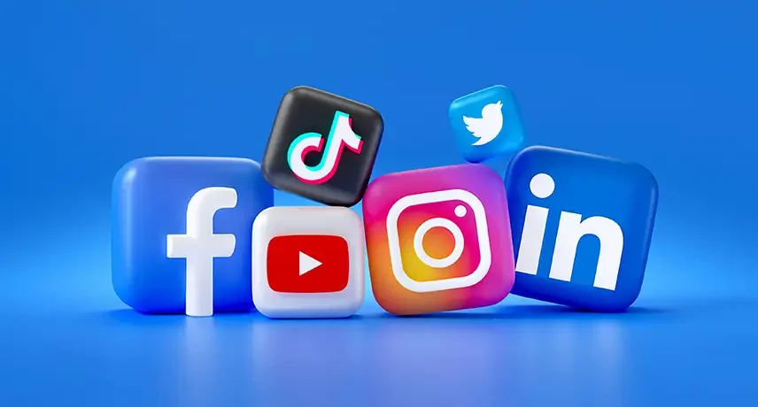 Iconos de redes sociales populares como Facebook, YouTube, Instagram, TikTok, Twitter y LinkedIn sobre un fondo azul, representando la conectividad digital y el marketing en redes sociales.