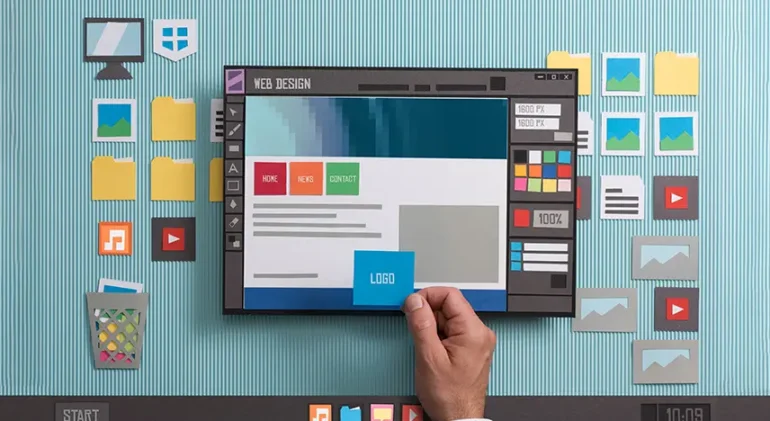 Diseño web en papel con una mano sosteniendo un bloque azul que dice "LOGO", rodeado de iconos y carpetas en un fondo texturizado. La imagen ilustra el proceso creativo del diseño de páginas web.