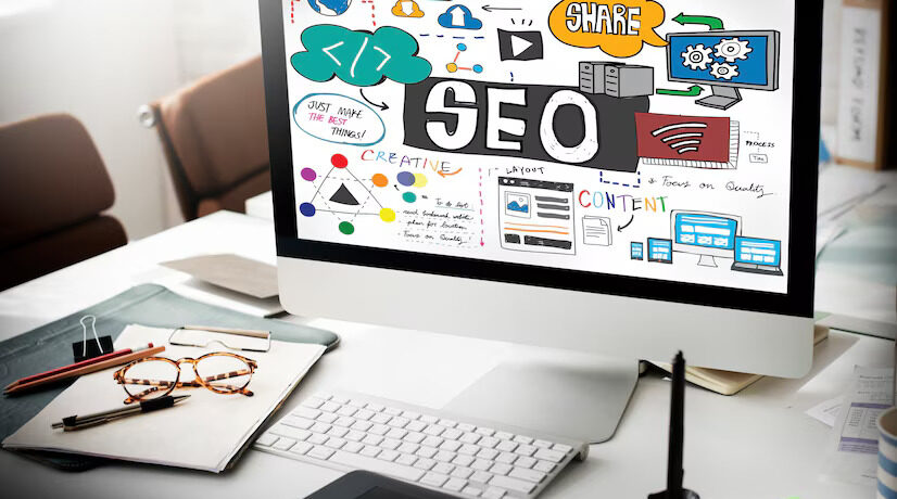 Pantalla de computadora mostrando un diseño creativo sobre SEO, con elementos gráficos como gráficos, íconos de redes sociales y conceptos de contenido, en un entorno de oficina con herramientas de trabajo.