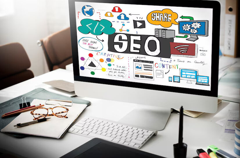 Pantalla de computadora mostrando un diseño creativo sobre SEO, con elementos gráficos como gráficos, íconos de redes sociales y conceptos de contenido, en un entorno de oficina con herramientas de trabajo.